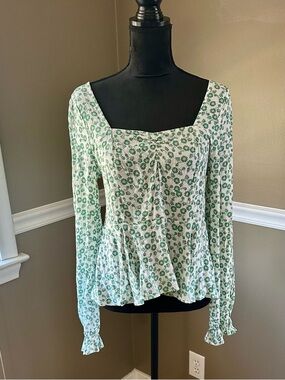 Blue Rain White Top with Green Floral Print and Square Neck